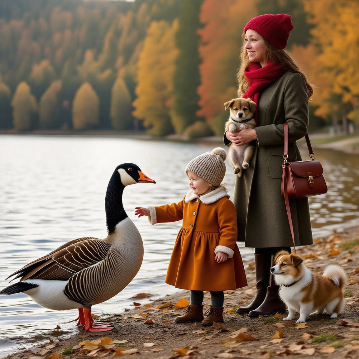 Toddler Pets Goose in Autumn Cinematic Film Still