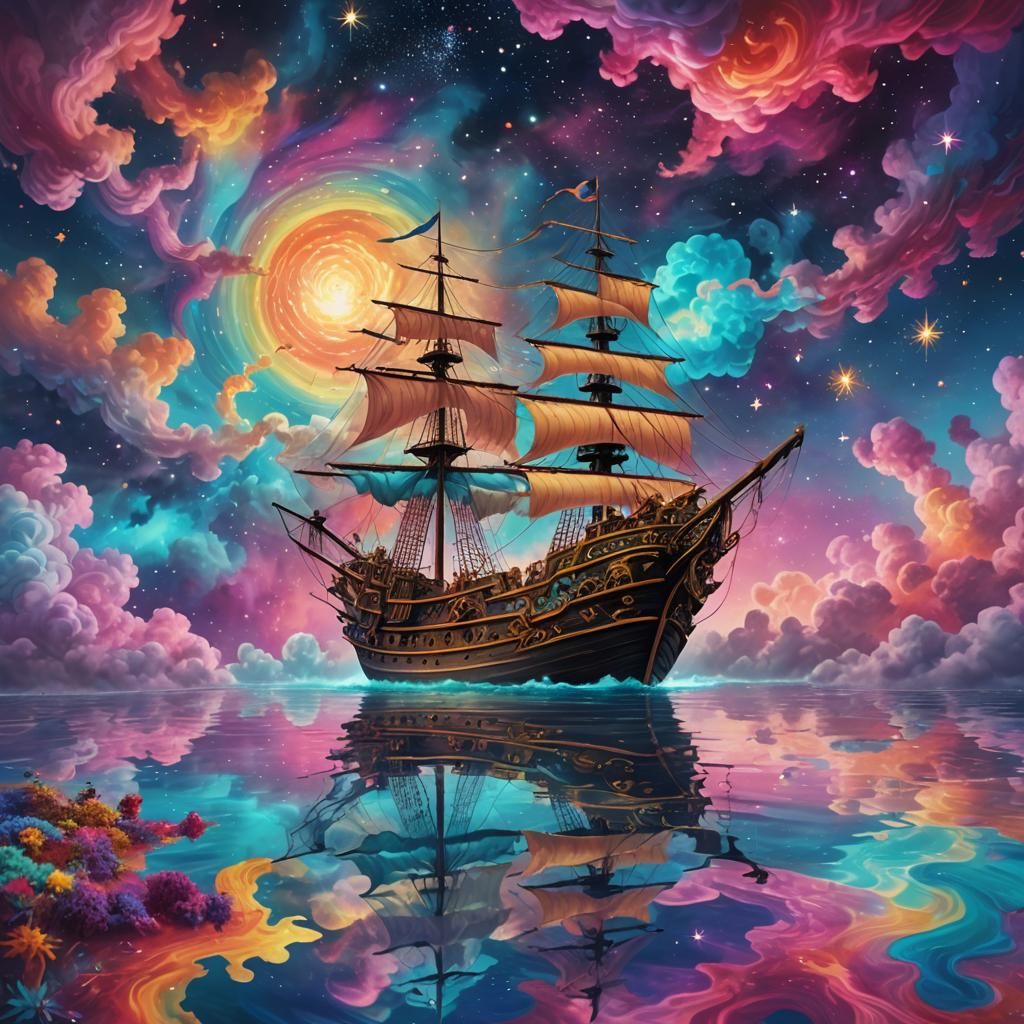 Pirate Ship Amidst Nebula Clouds: Rococo Anime Art