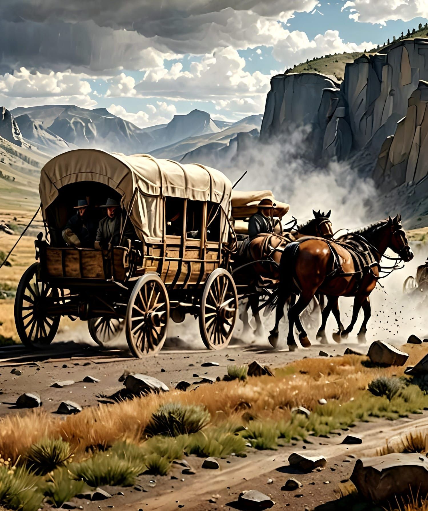 Oregon Trail Wagon Train in Torrential Rain