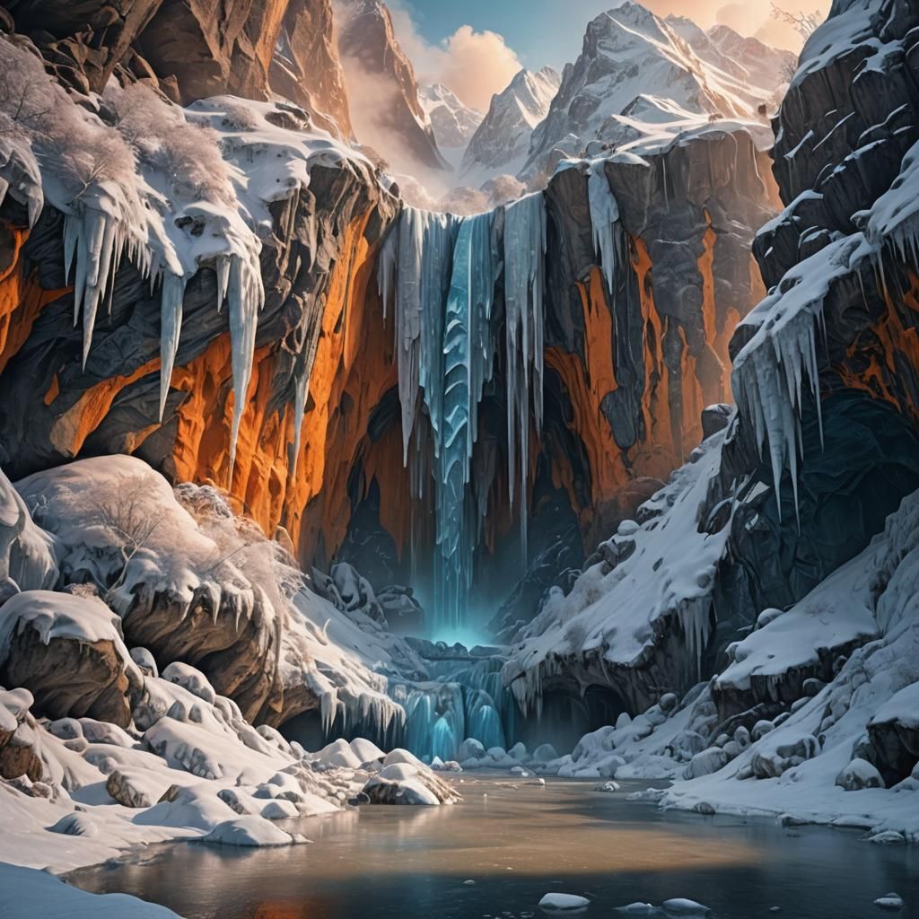 Icy Mountain Range with Frozen Waterfalls