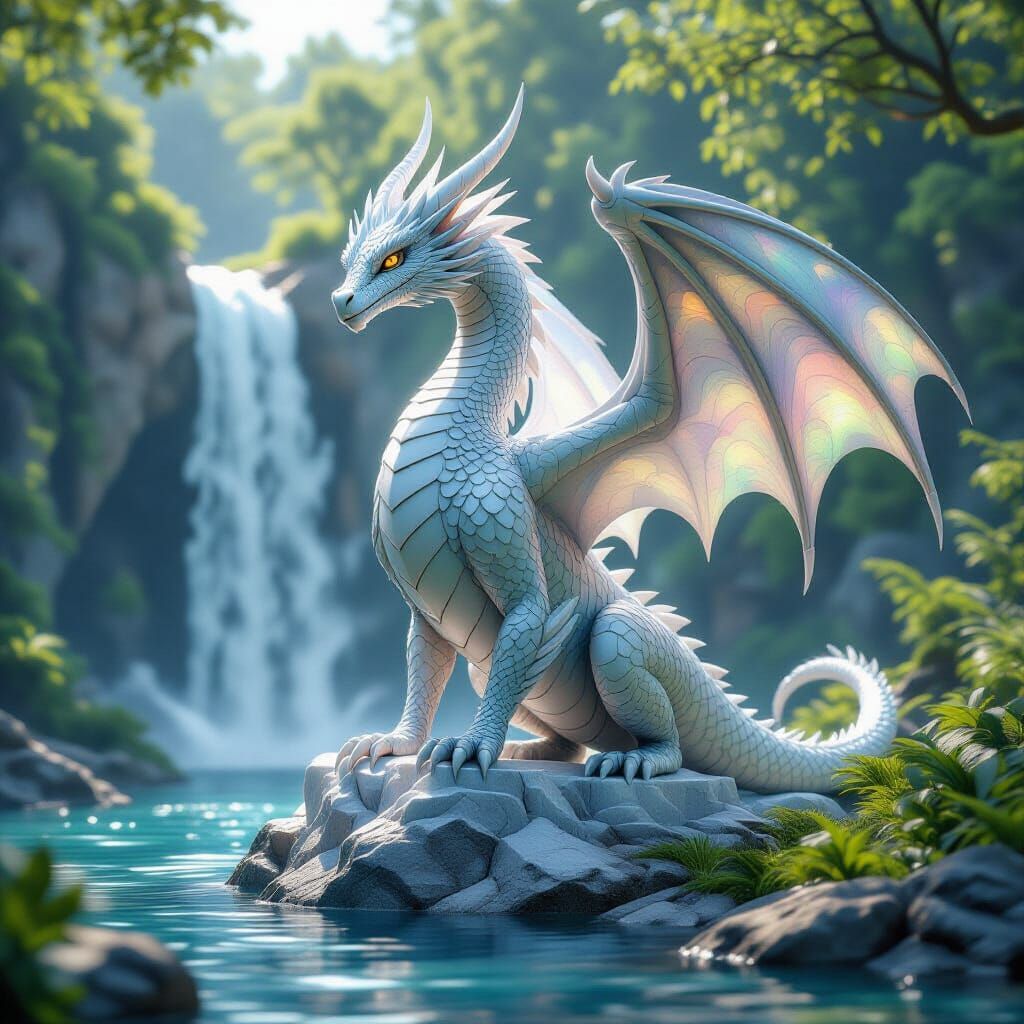 Iridescent Marble Wyvern Statue Overlooking Waterfall in 3D