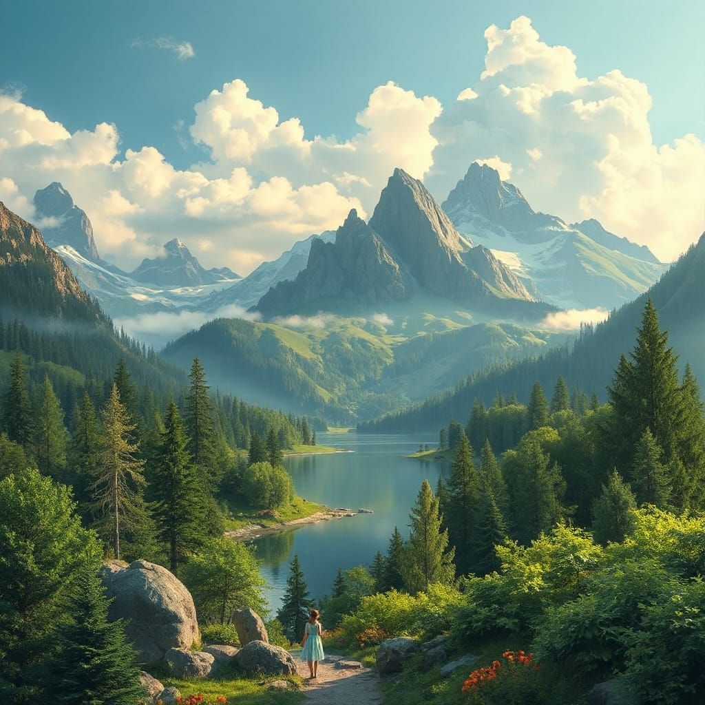 Anime Landscape with Lush Forest and Mountains