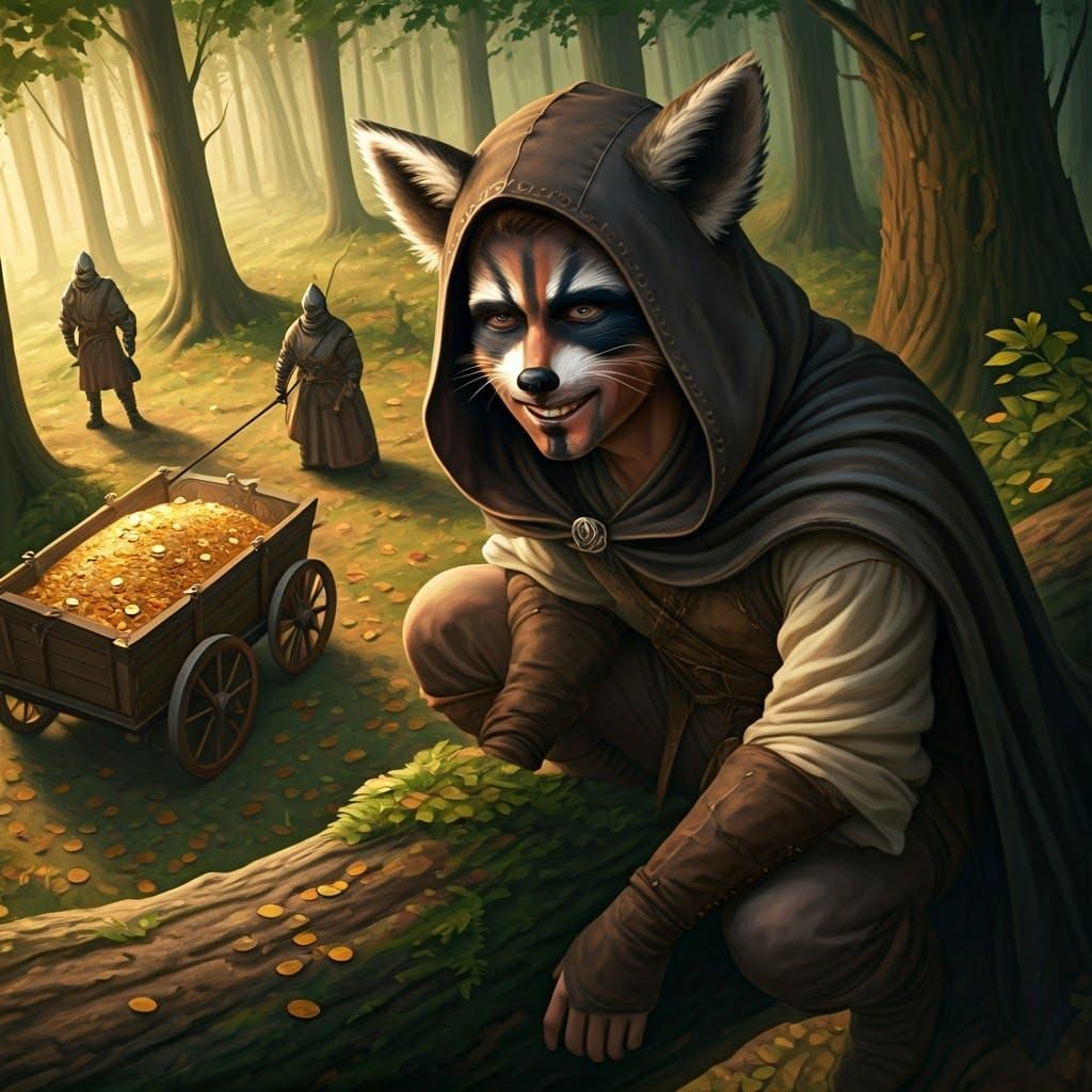 Hooded Warrior Observes Gold Wagon, Digital Illustration