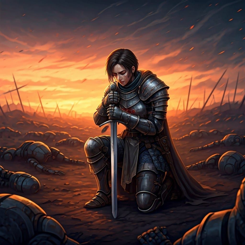 Anime Knight Aftermath on Battlefield at Dusk