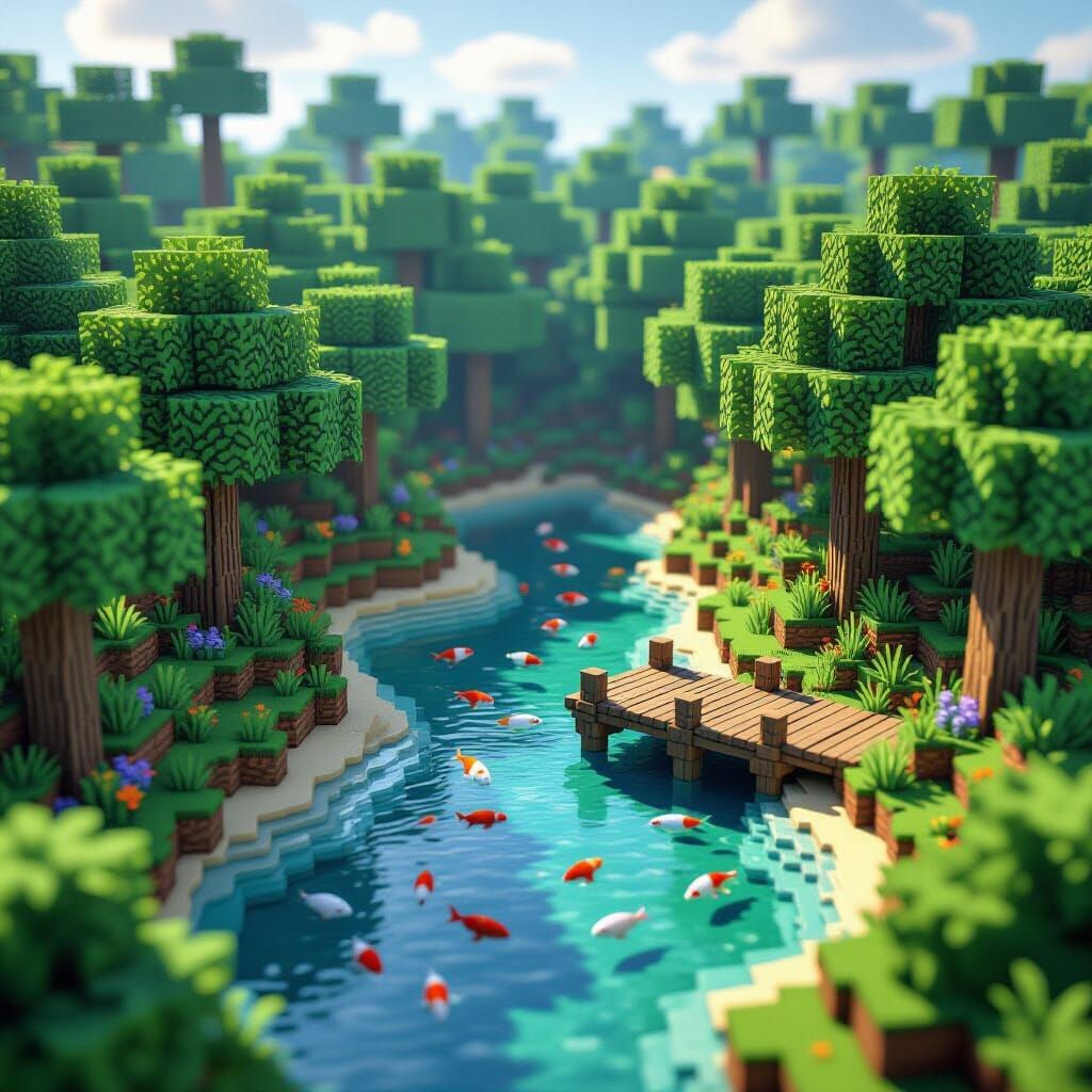 Peaceful Minecraft Forest with River and Fish