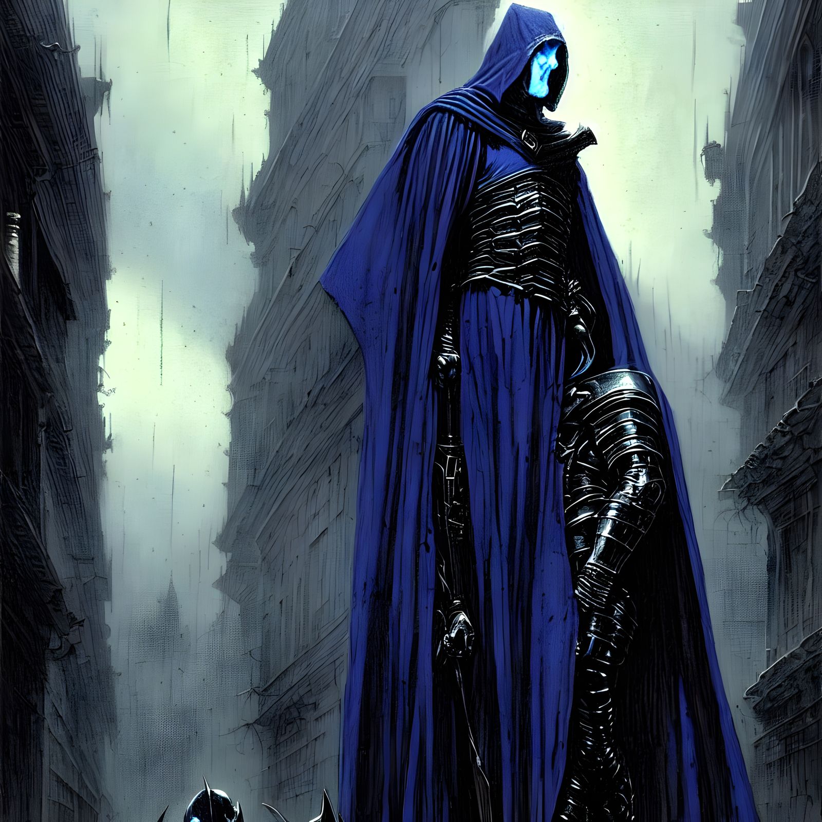 Armored Figure in Shadow Magic Cityscape