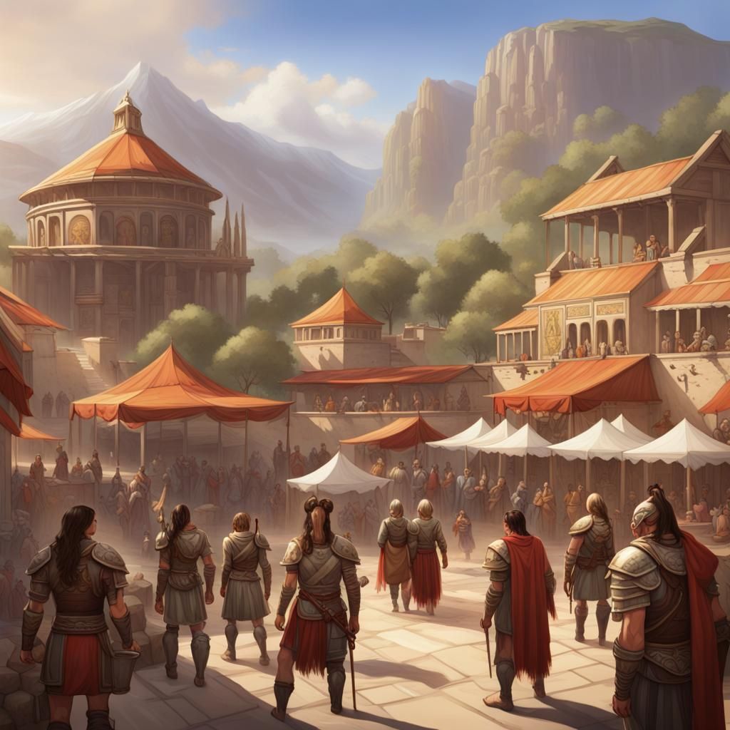 Fantasy Agora with Diverse Warriors in Matte Painting Style
