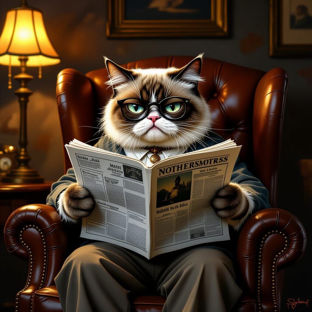 Grumpy Tabby Cat Reading Newspaper in Rockwell Style