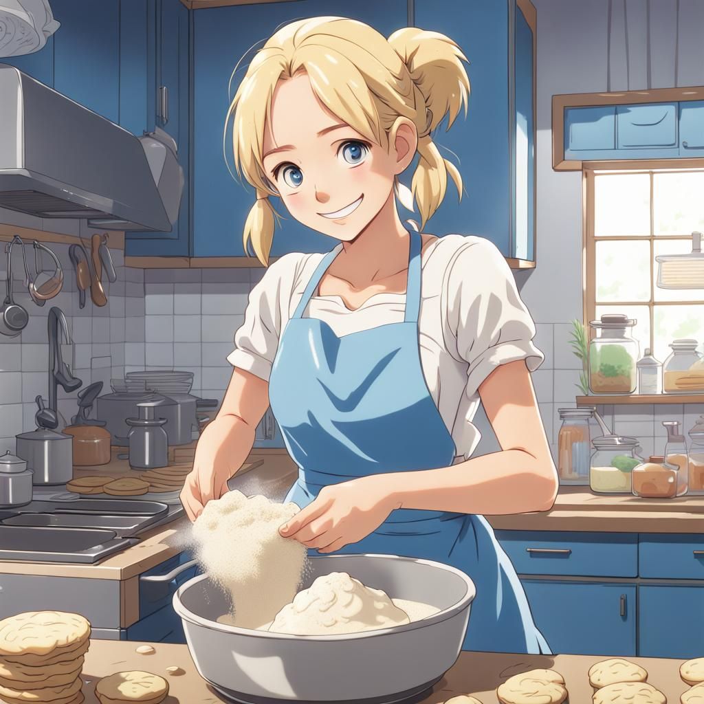 Blonde Girl Baking Cookies in Anime Style