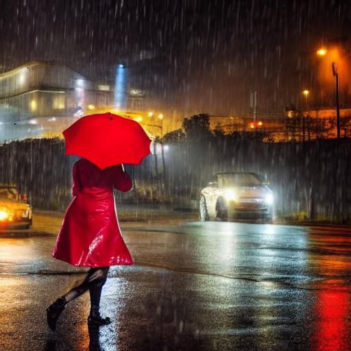 Woman in Red Umbrella Walks Through Thunderstorm
