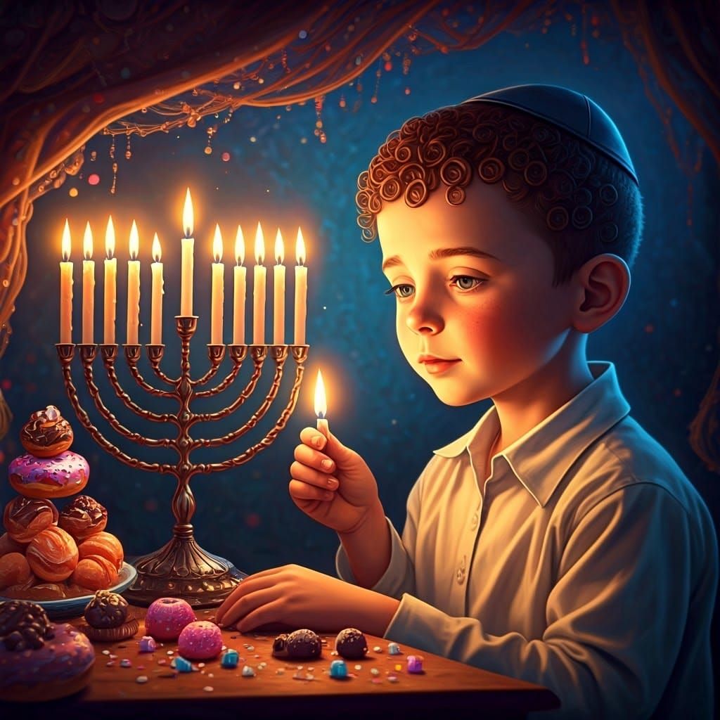 Hasidic Boy Lights Hanukkah Candles: Digital Illustration