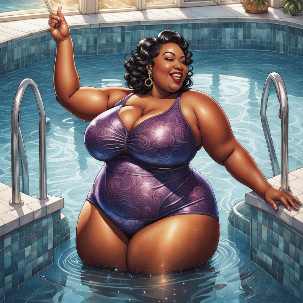 Joyful Pin-Up in Sparkling Pool, Comic Book Art