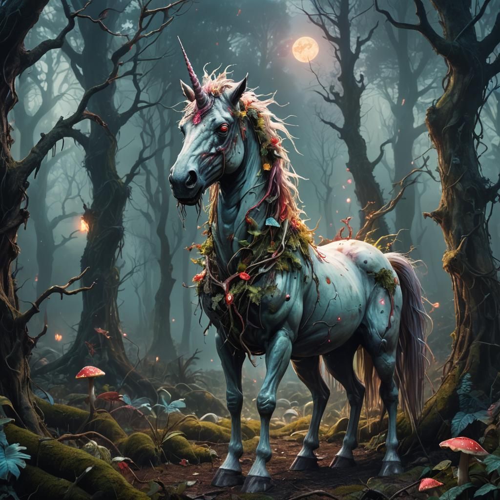 Zombie Unicorn in Mystical Forest, Digital Art