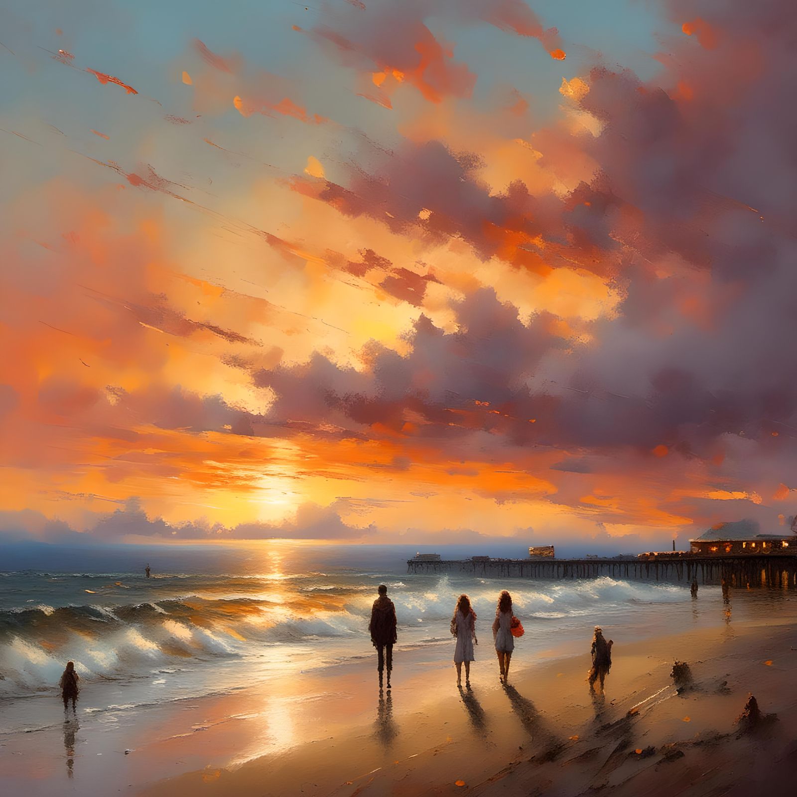 Sunset Beach Scene with Pier Silhouette