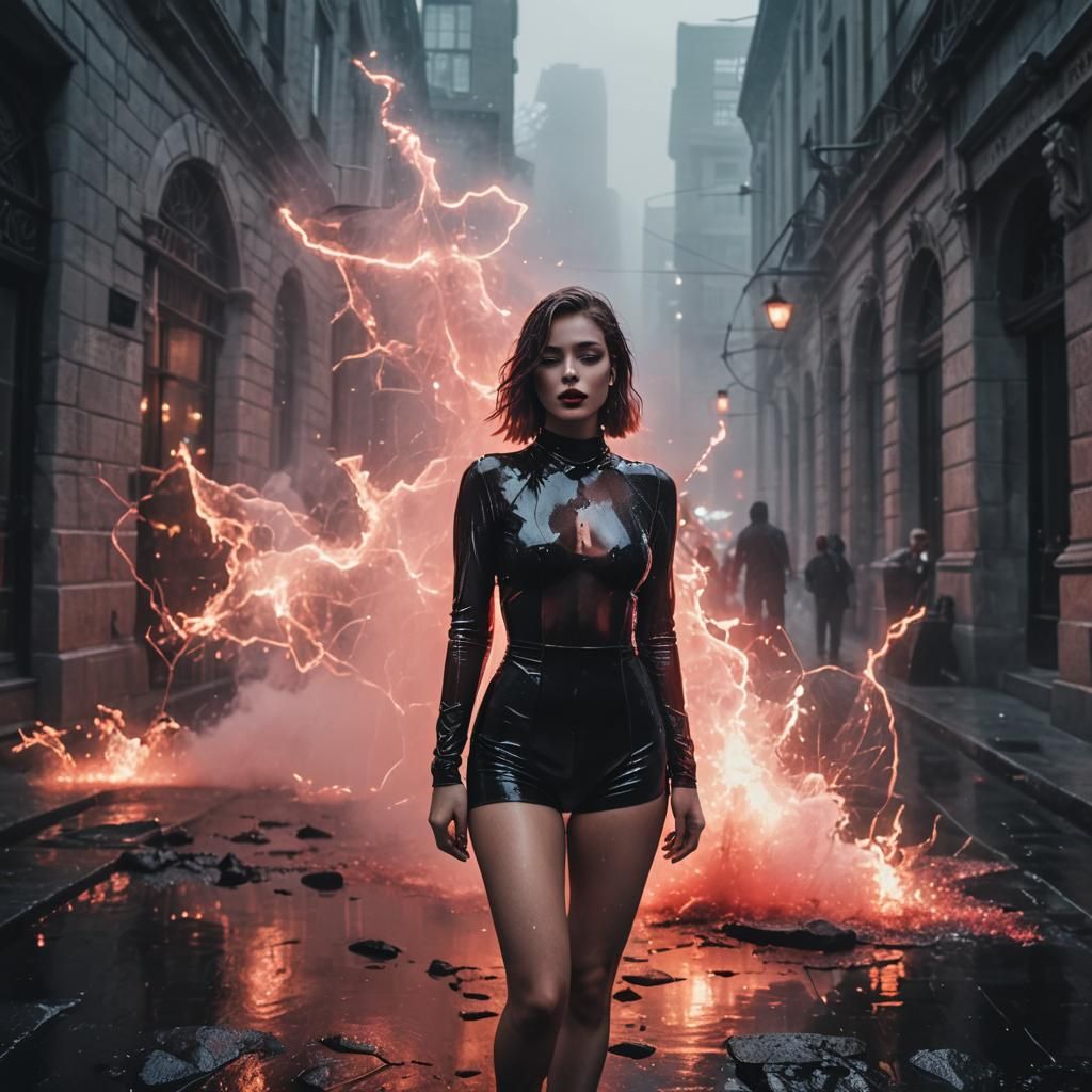 Beautiful Young Woman in Cracked Glass Cityscape