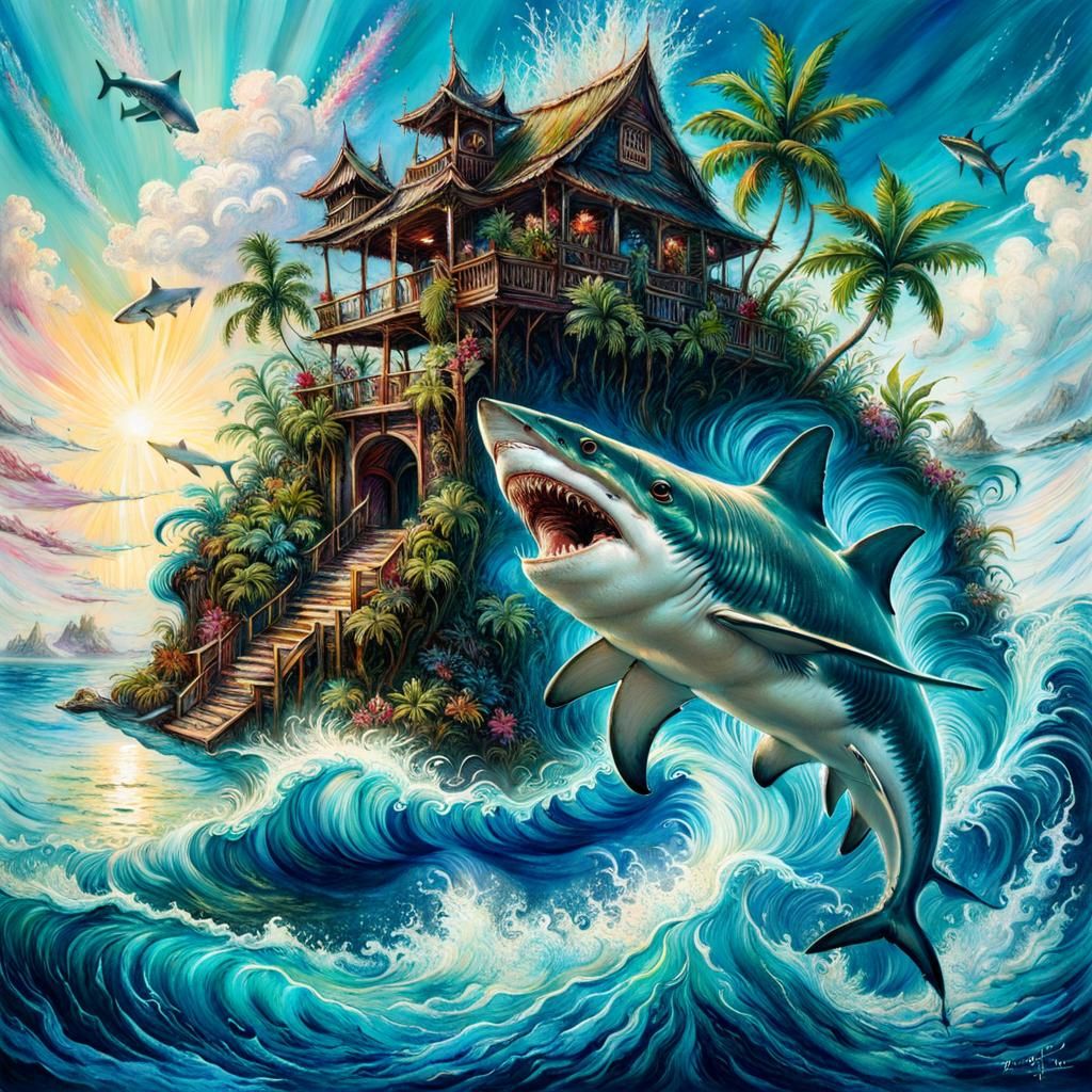 Shark Leaps from Tropical Ocean in HDR