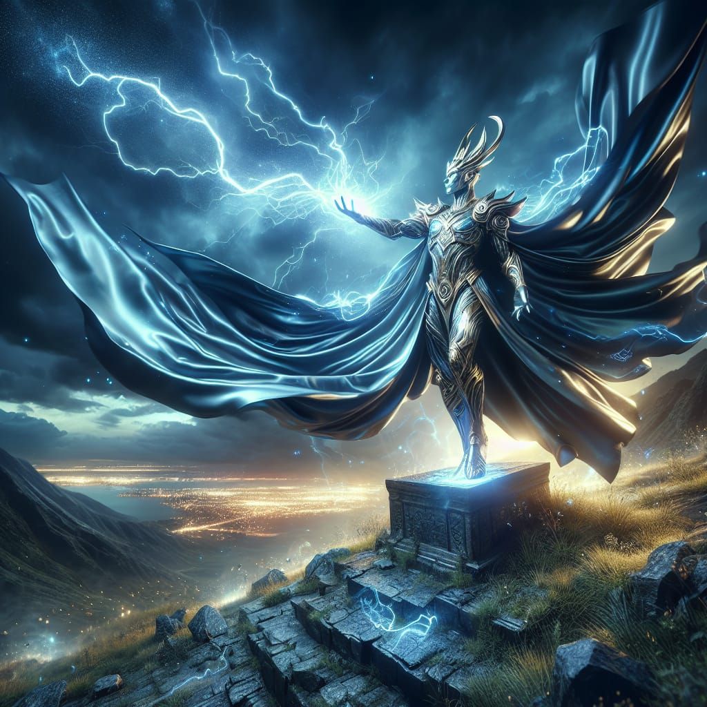 Godlike Figure Commanding Lightning on Hilltop