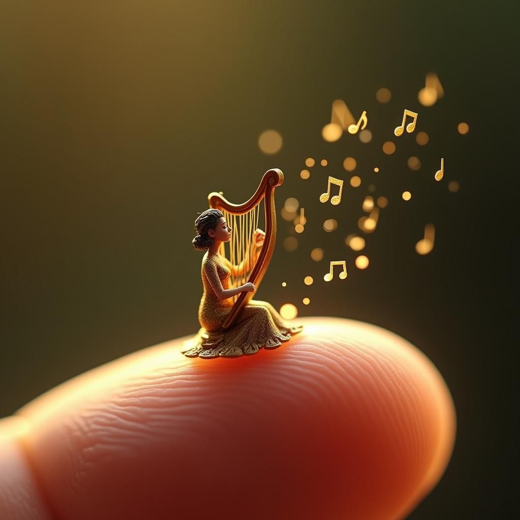 Microscopic Woman Plays Harp on Human Finger in HDR