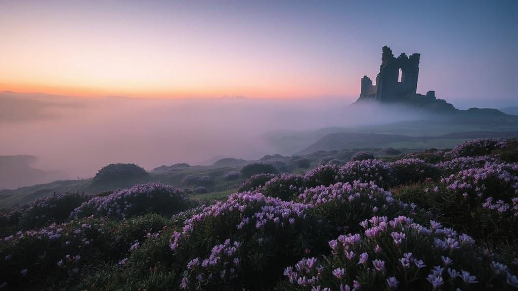 Misty Moorland Castle Ruins at Dawn