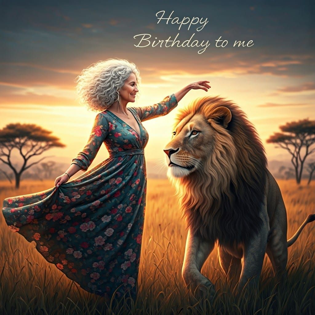 Woman Dances with Lion at Sunset: Birthday Celebration