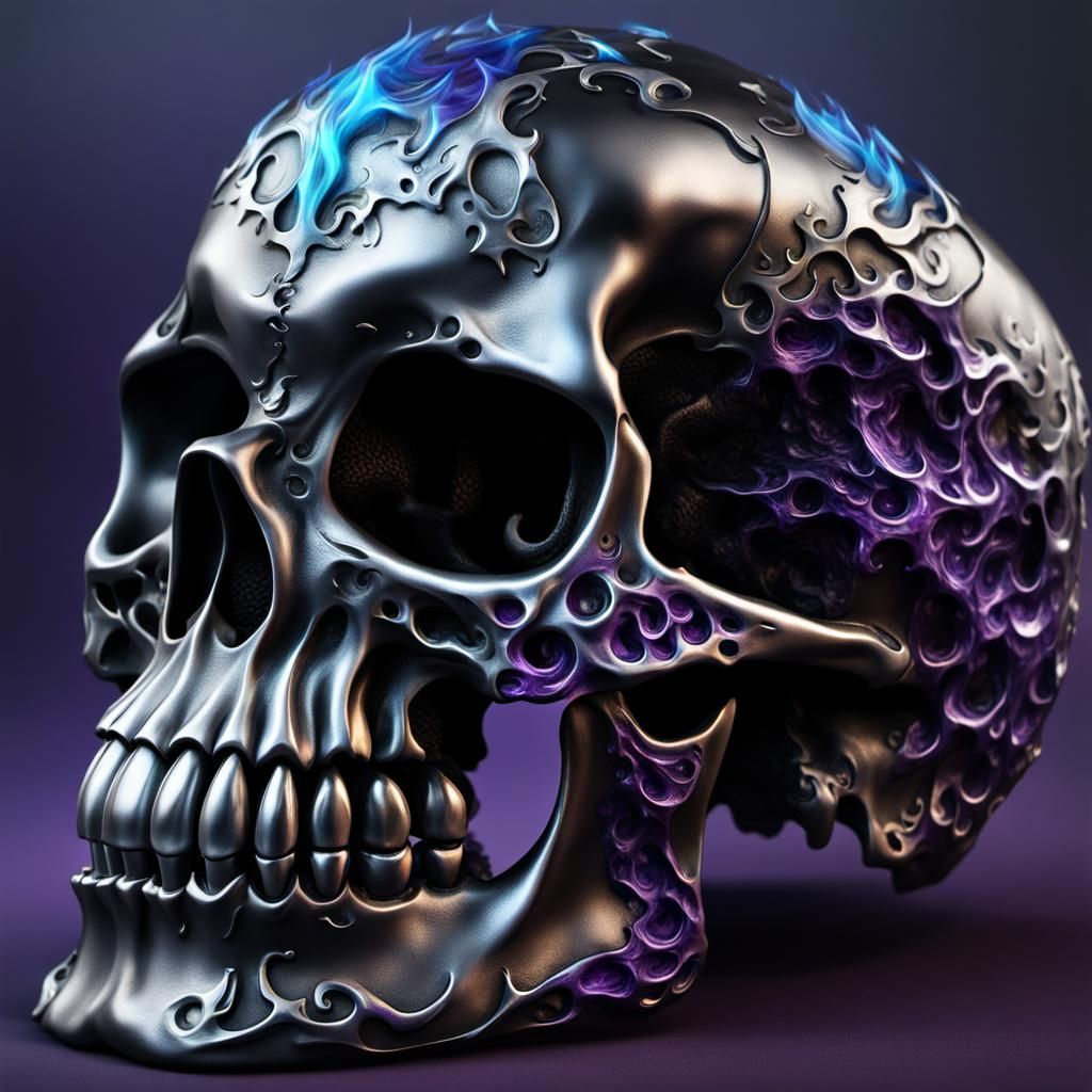 Deadly Synthetic Skull Engulfed in Purple and Blue Flames