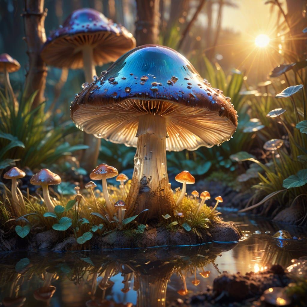 Surreal Oasis Mushroom in Vibrant Oil Painting Style