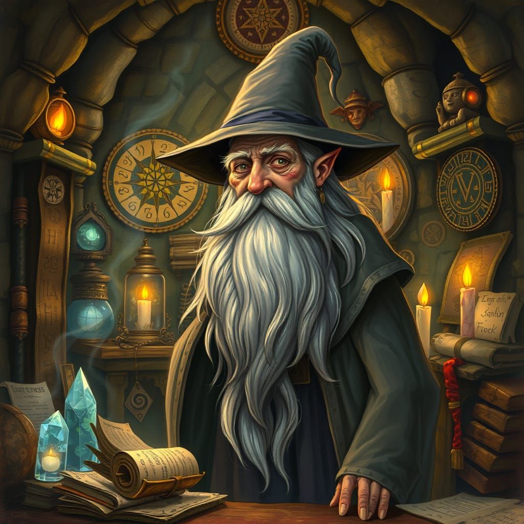 Enchanted Wizard Amidst Ancient Relics