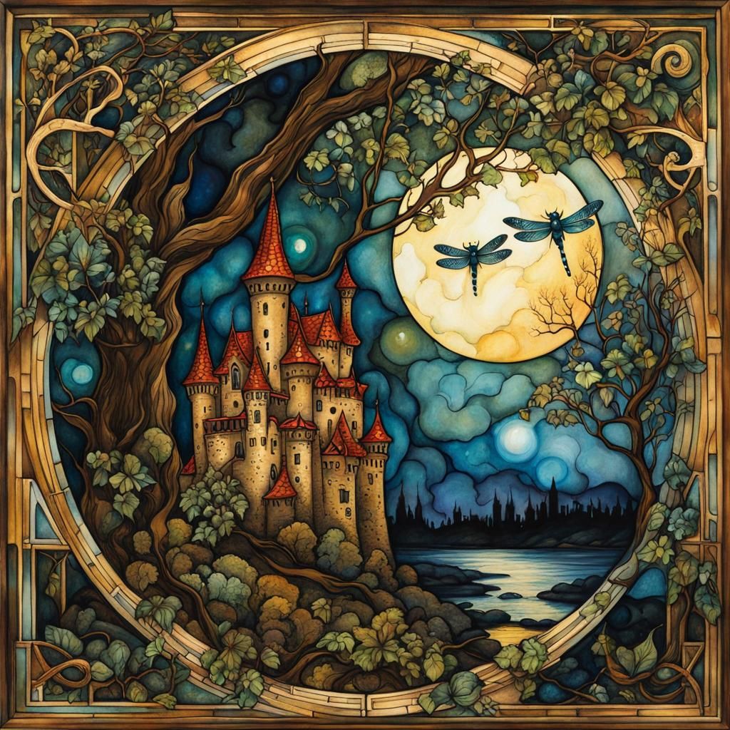 Twilight Castle: Owl and Dragonflies in Expressionist Style
