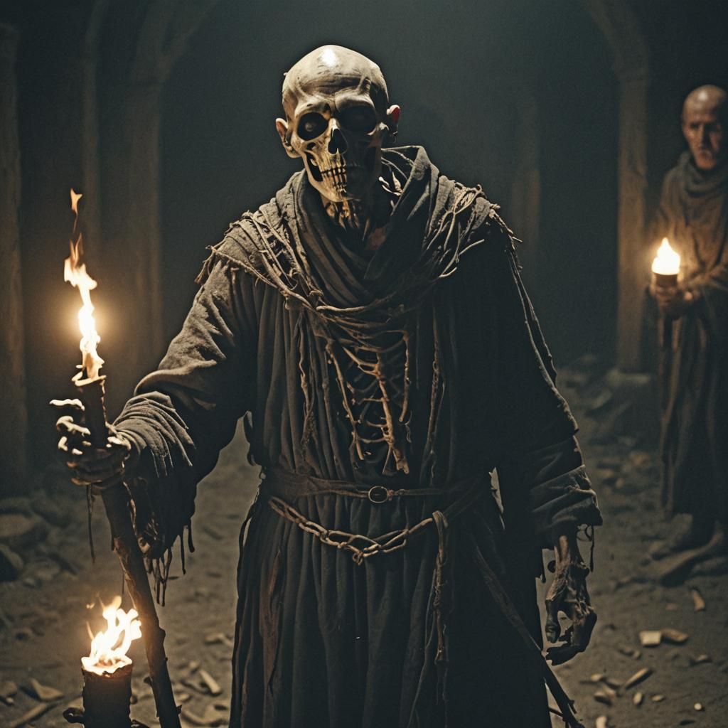 Cursed Skeletal Man in Dark Film Noir Style