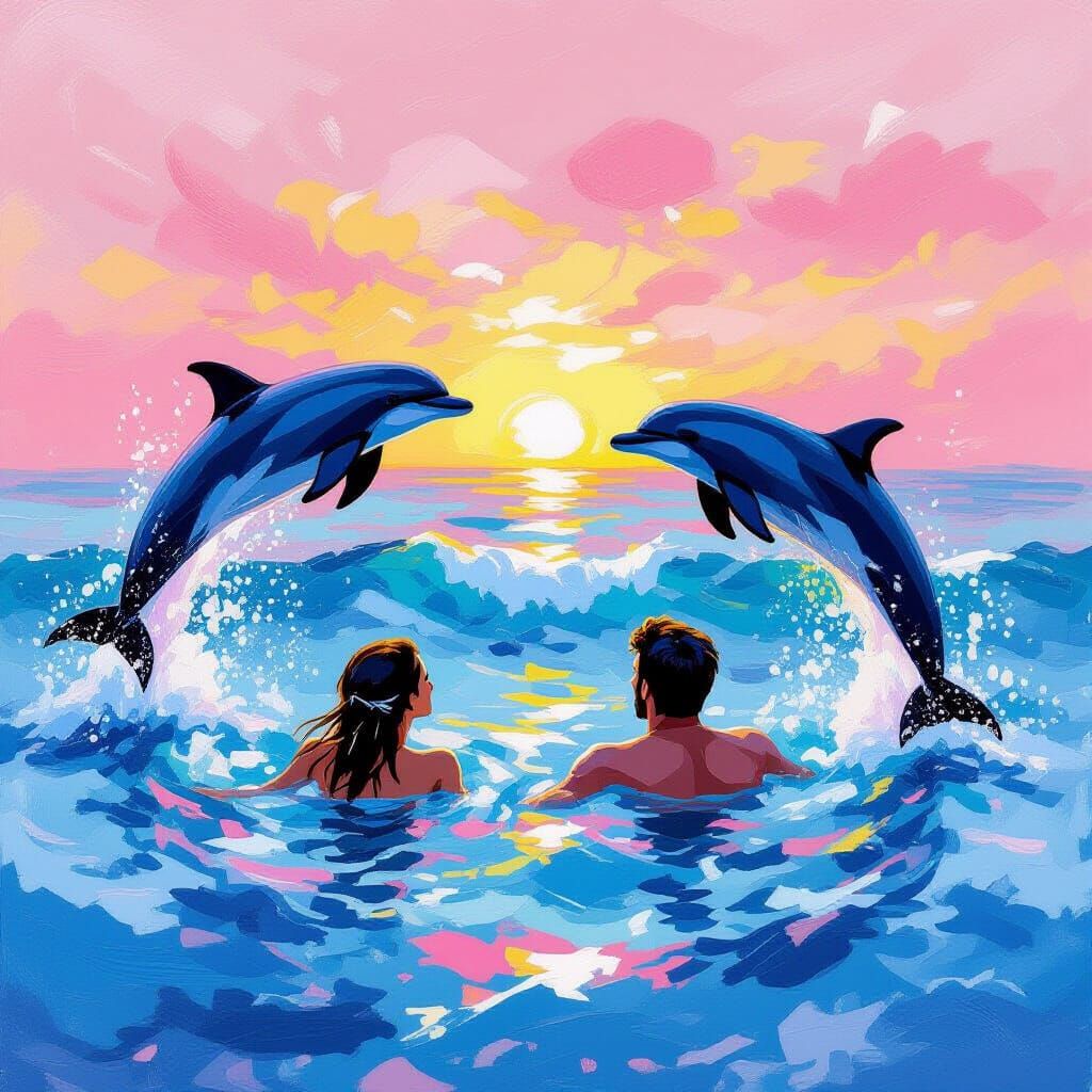 Dolphins at Sunset: Impressionist Ocean Scene