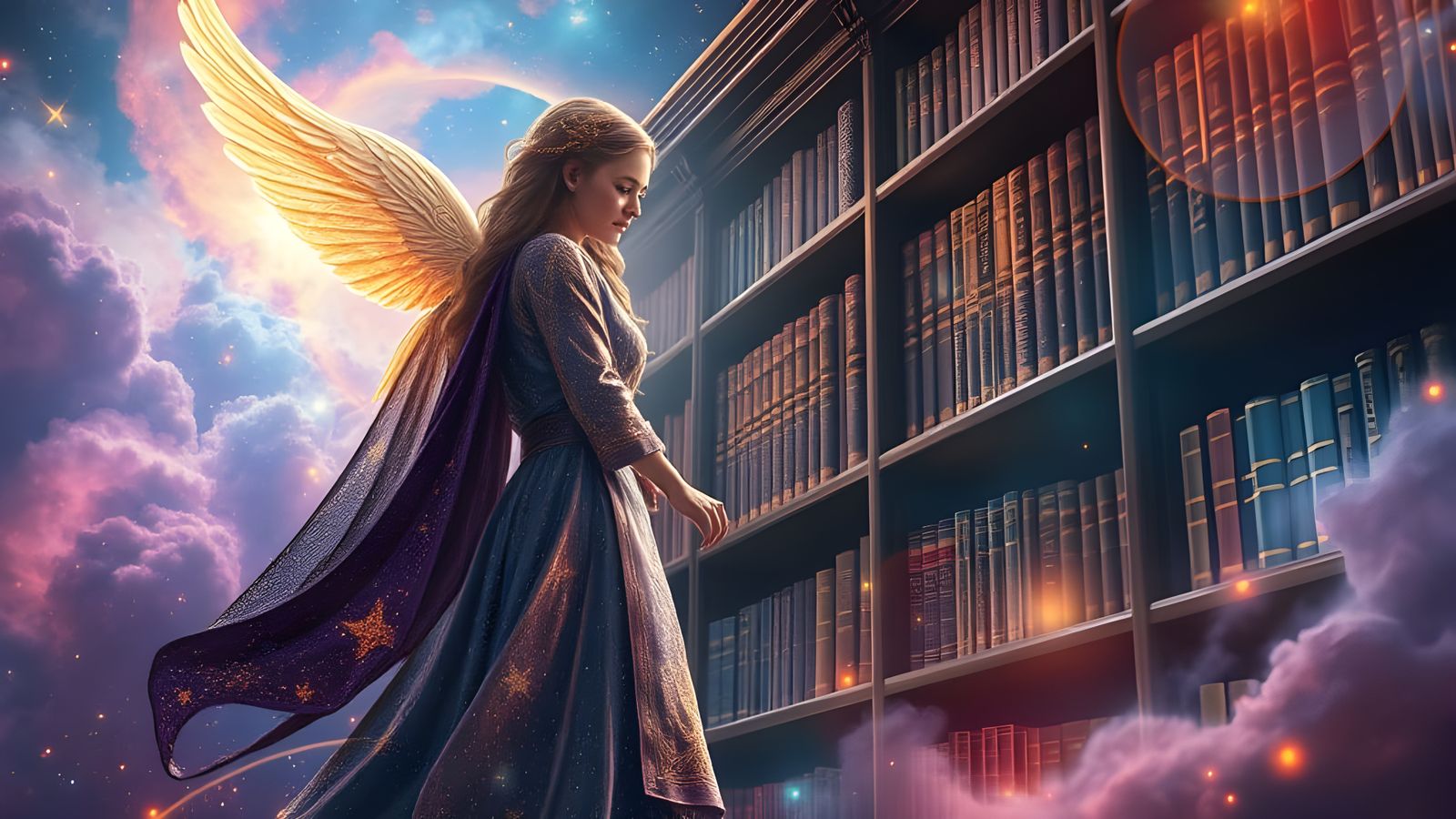 Celestial Librarian in Bioluminescent Nebula Library