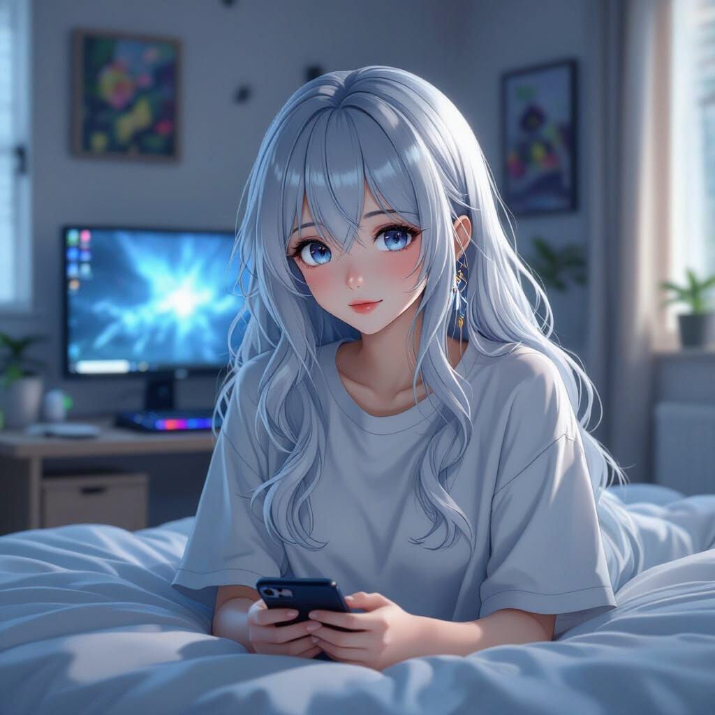 Anime Girl with Silver Hair in Decorated Room with PC Setup
