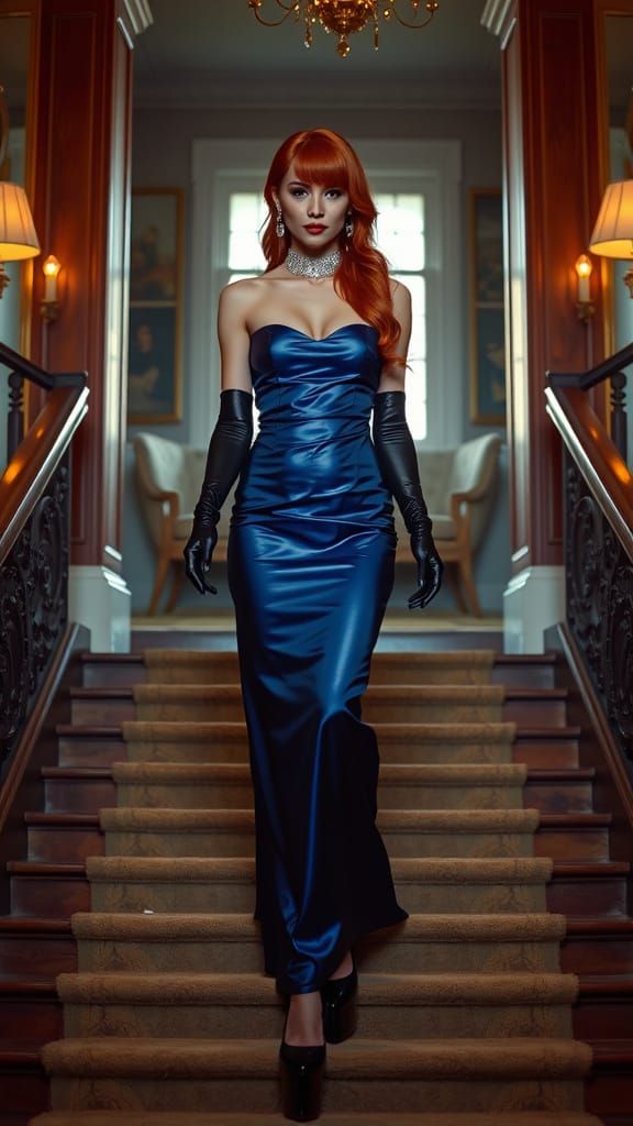 Full length picture of a 35-year-old tanned transgender with very long red hair by a sapphire clip, red lipstick makeup ...