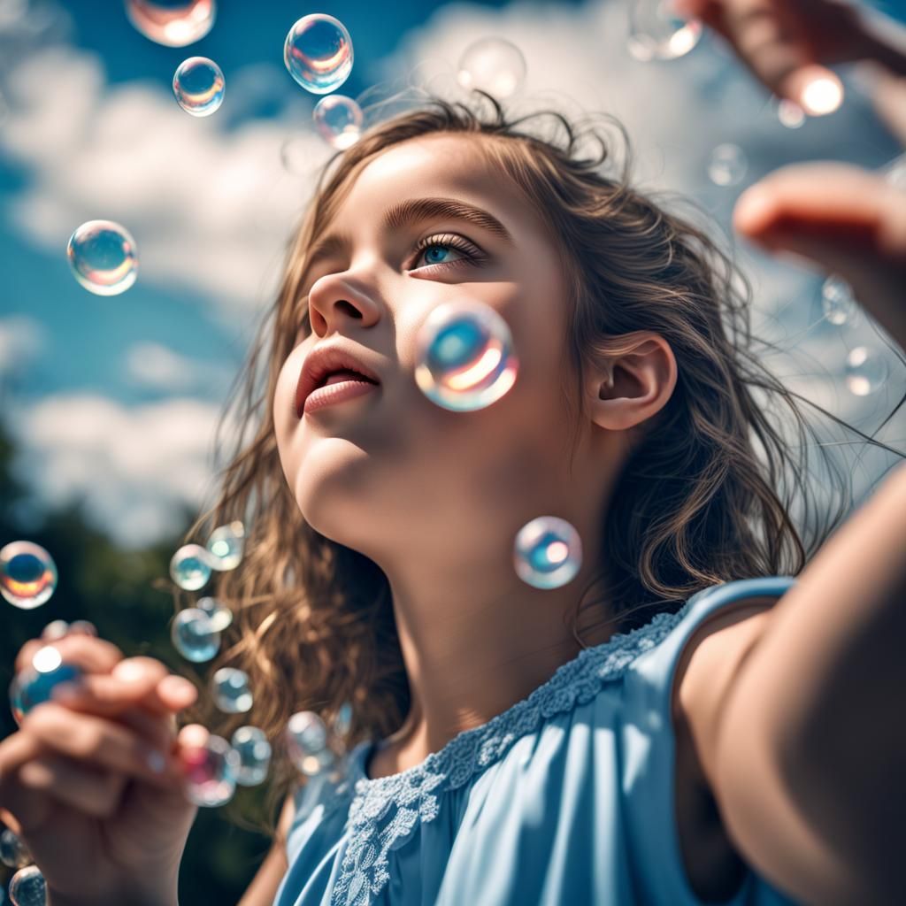 Cute Girl Blowing Bubbles in Blue Sky