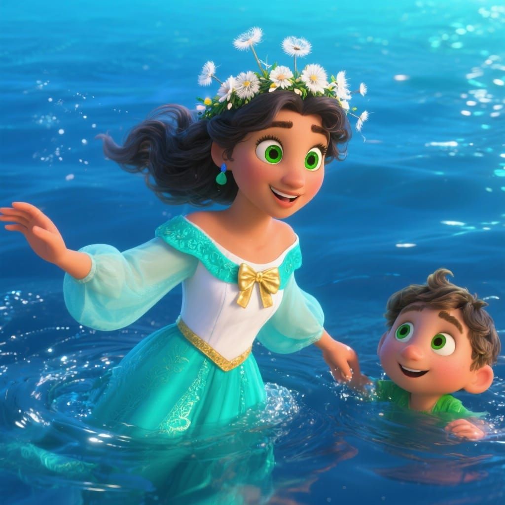 Disney Princess Swims with Son in Deep Blue Sea