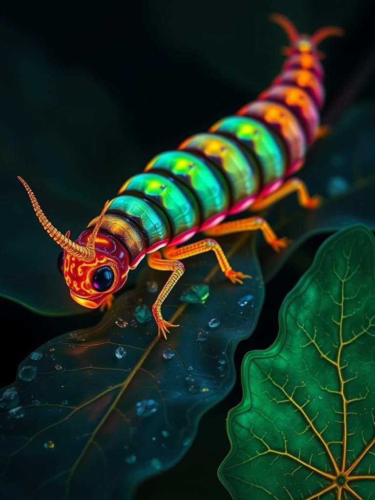 Bioluminescent Dragon Caterpillar Crawling Over Kintsugi Lea...