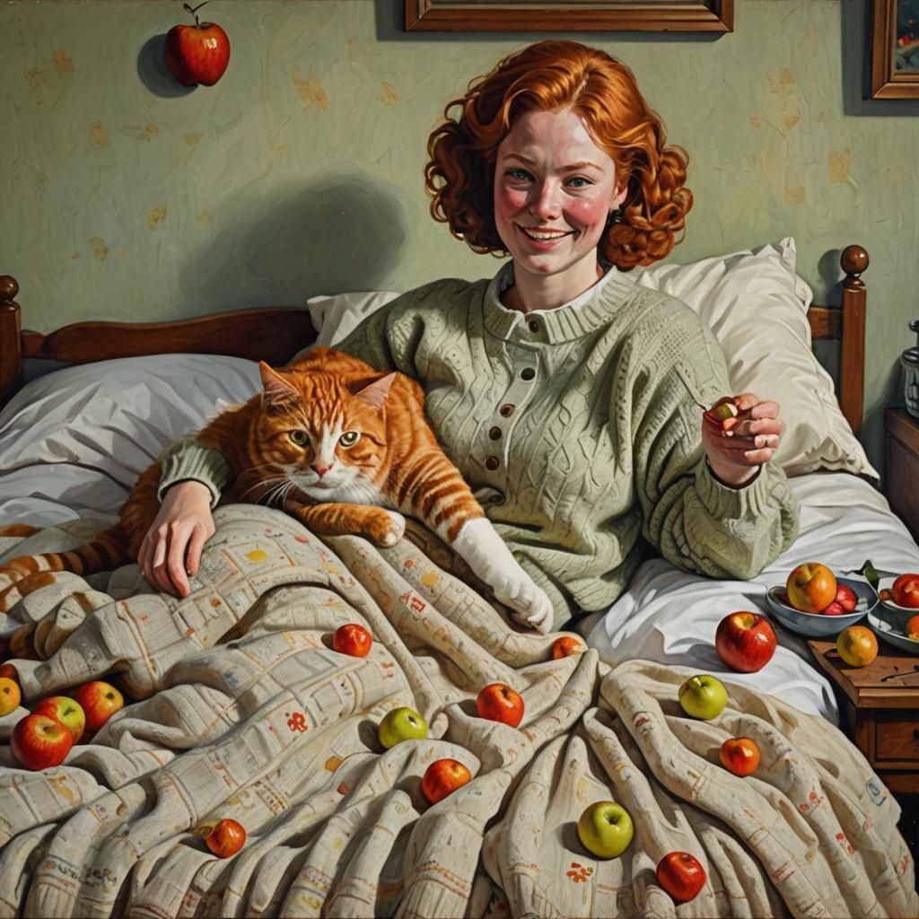 Cozy Oil Painting of Woman Knitting with Cat