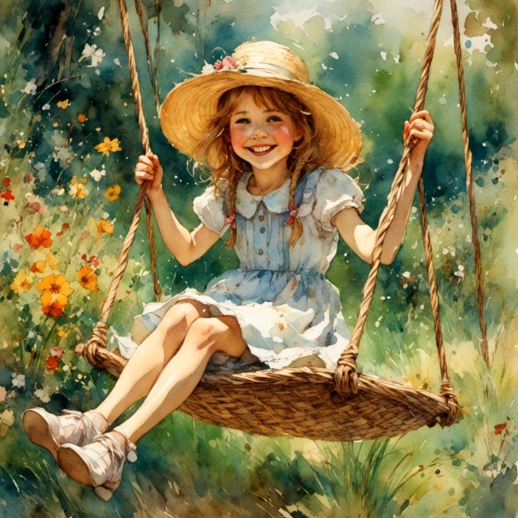 Girl in Straw Hat on Garden Swing