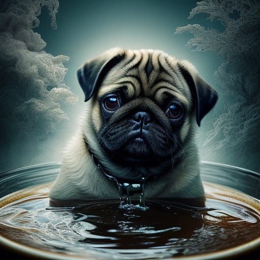 Whimsical Pug Puppy in Steaming Tea