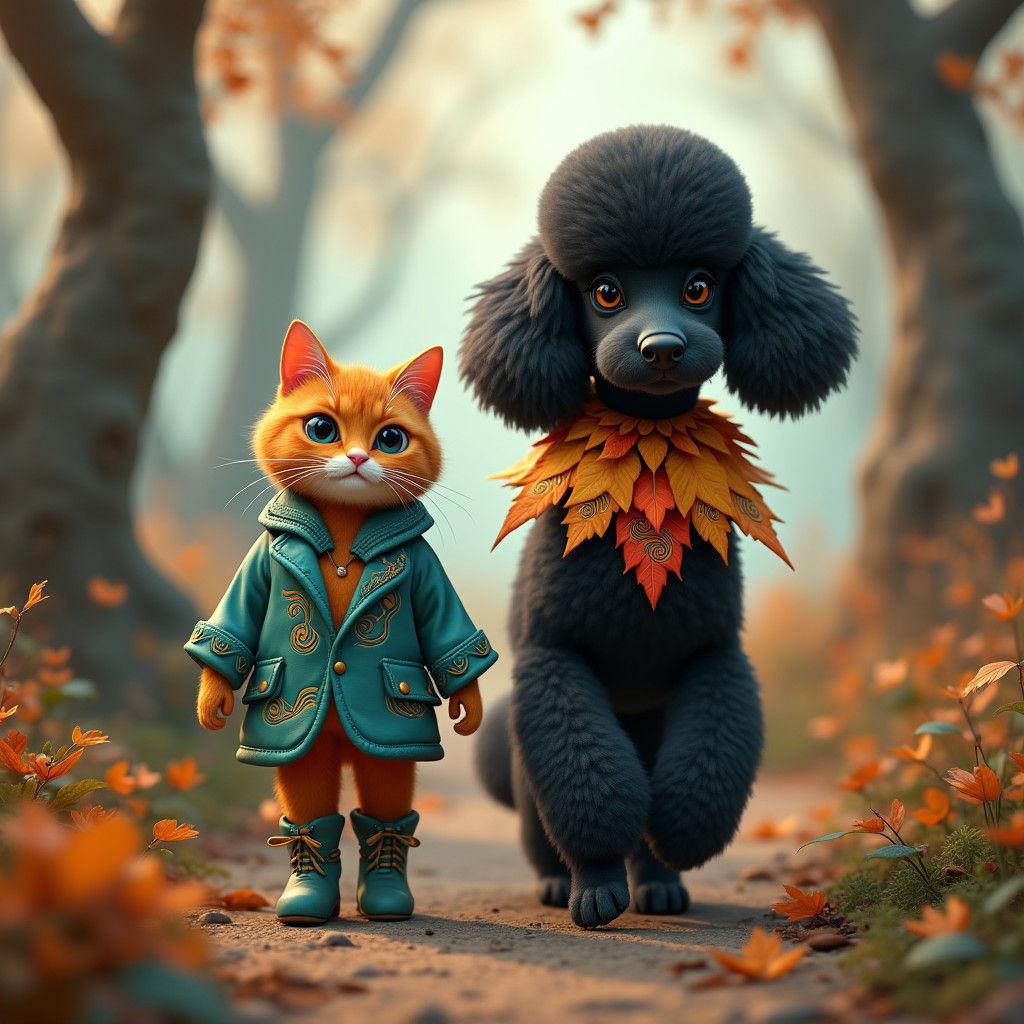 Poodle and Cat in Autumn Fantasy Art