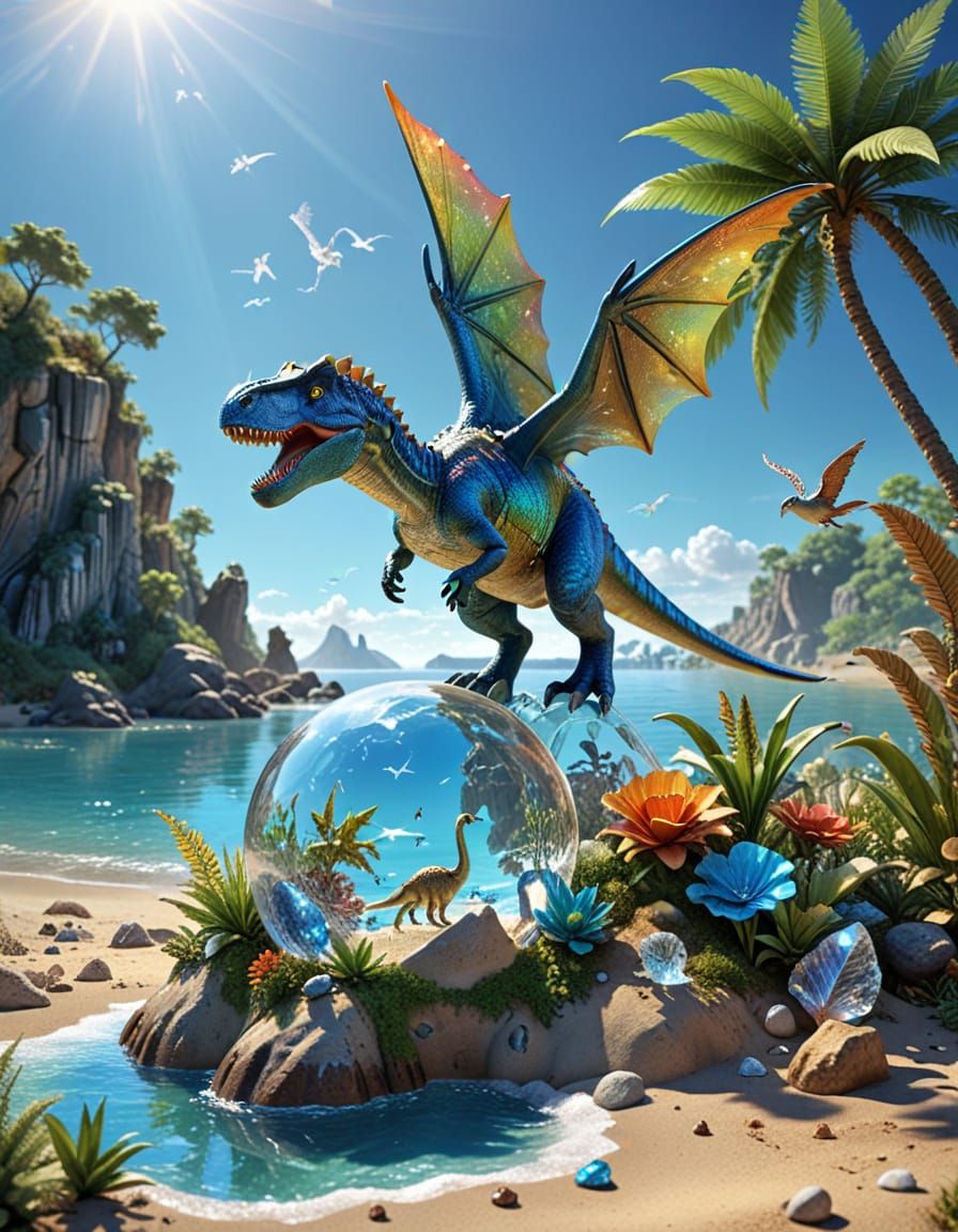 Jurassic Landscape with Dinosaurs: 3D Crystal Sculpture