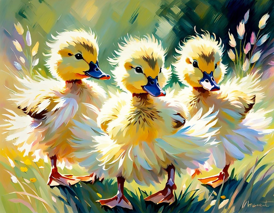 Ducklings Ballet in Meadow: An Impressionist Painting