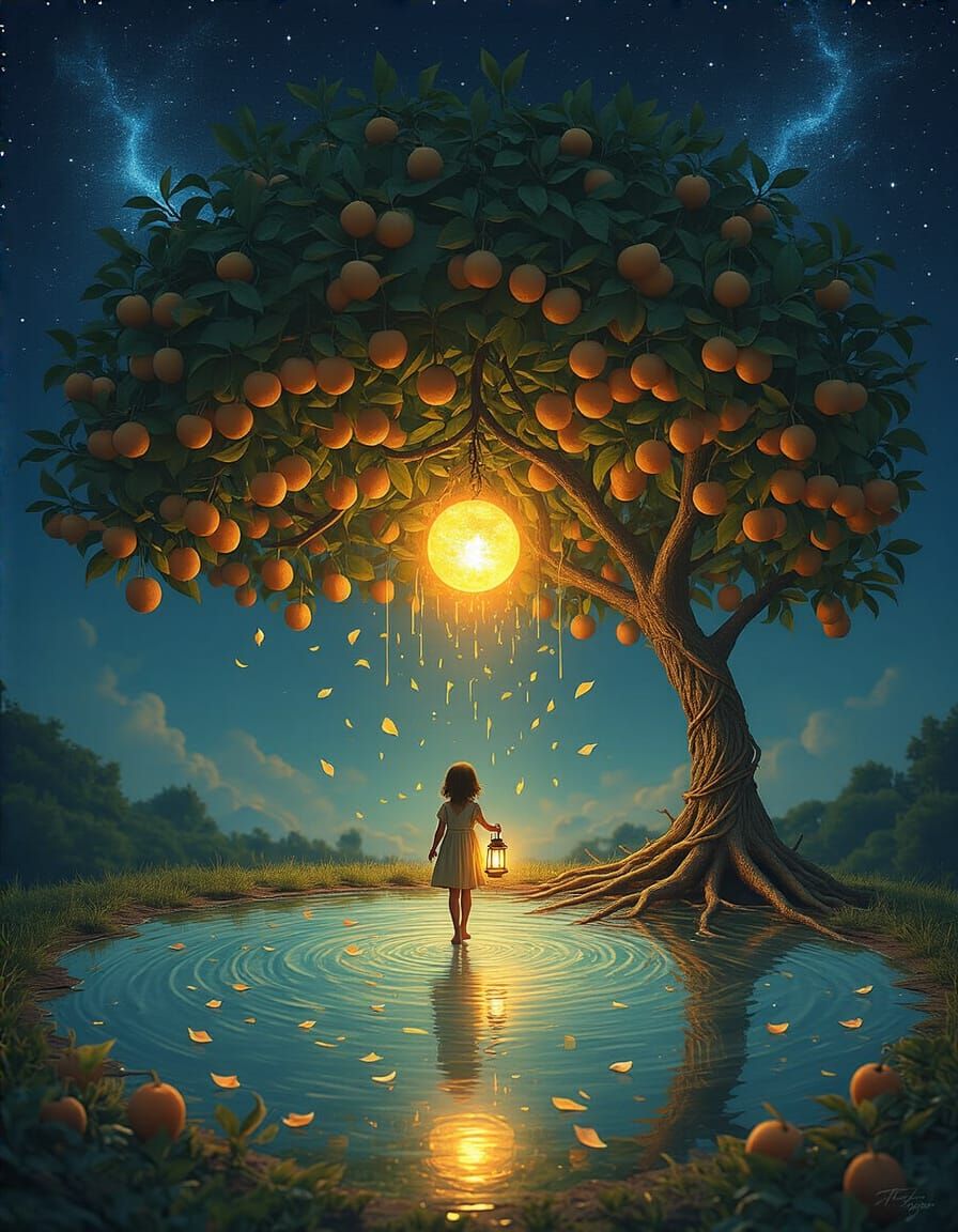 Surreal Orchard in the Void with Lantern