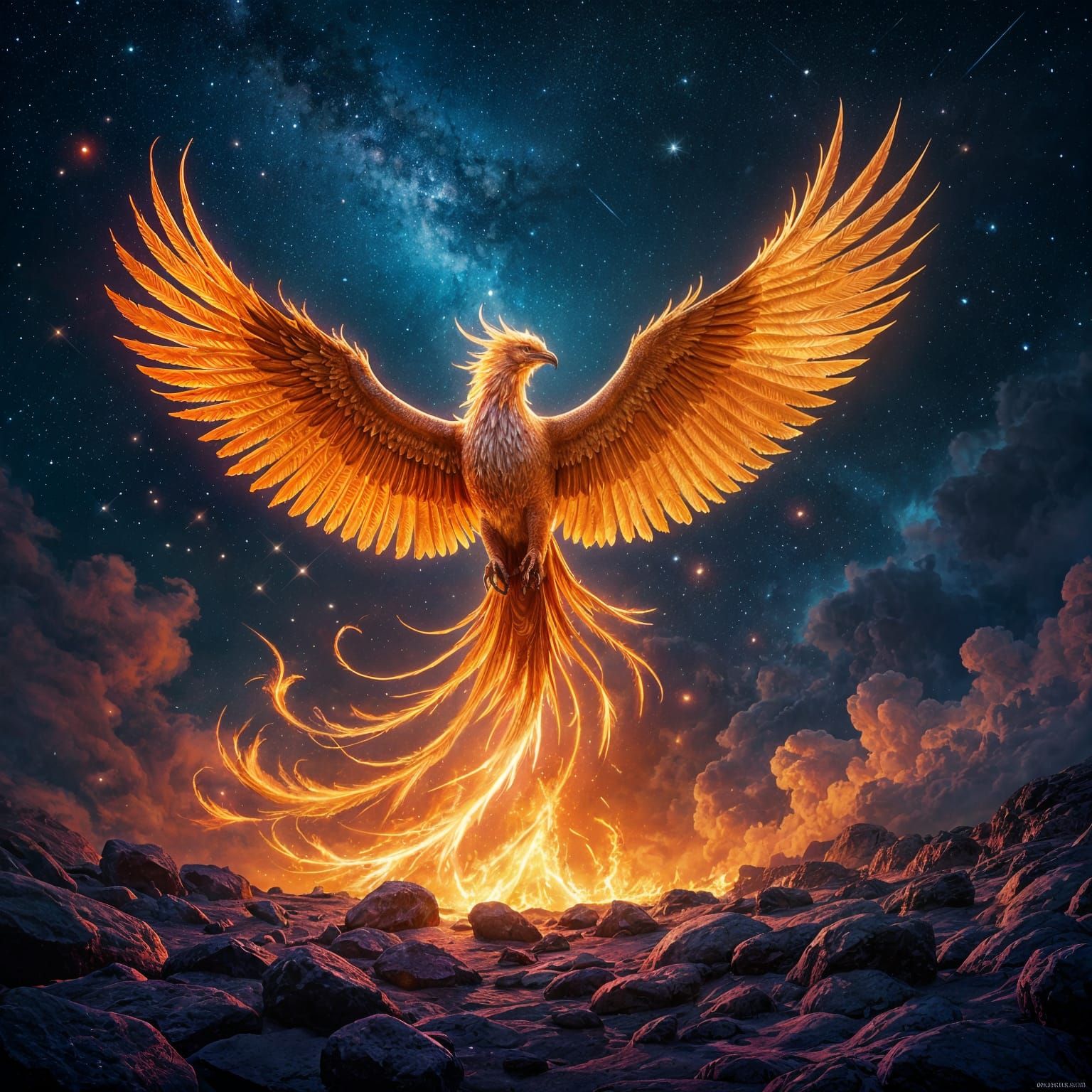 Majestic Phoenix Rises from Embers in Cosmic Sky
