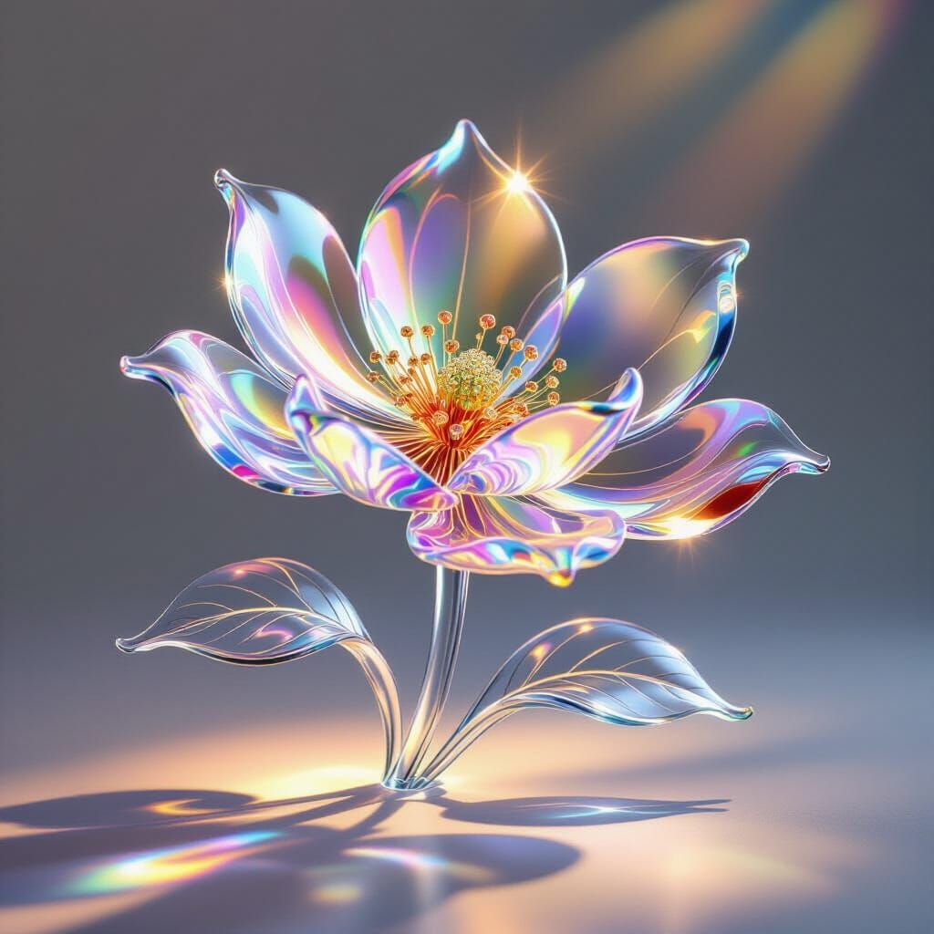 Iridescent Rainbow Glass Flower in Hyperrealistic 3D Style