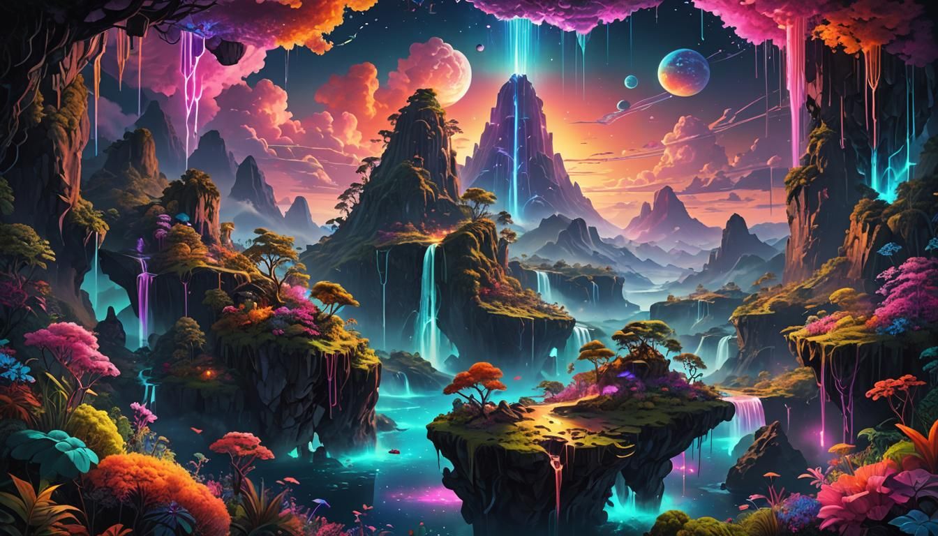 Bioluminescent Floating Islands in a Cosmic Dreamscape