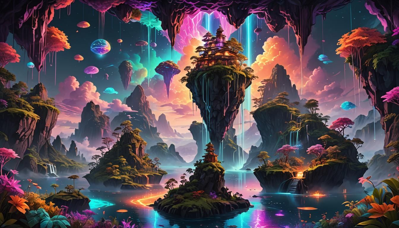 Bioluminescent Floating Islands in Astral Illustration Style