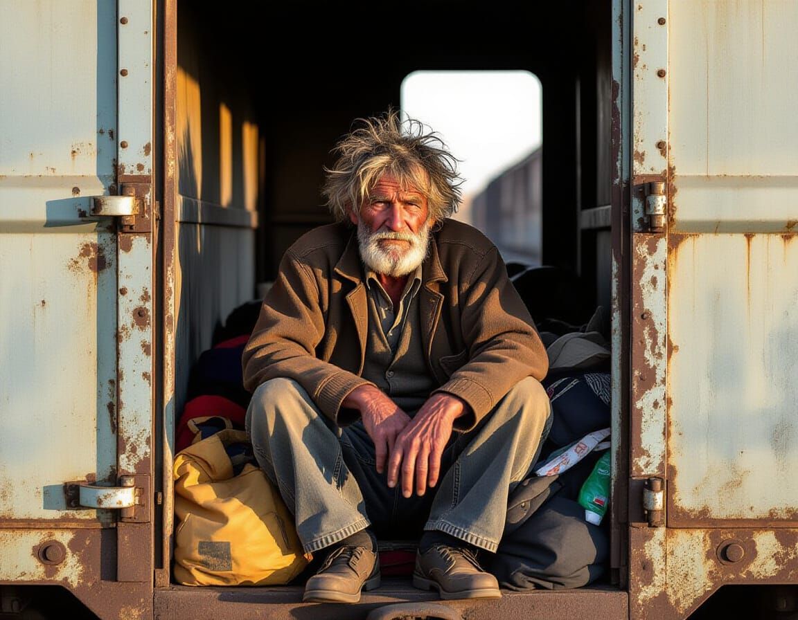 Homeless Man in Freight Car: Hyperrealistic Photography