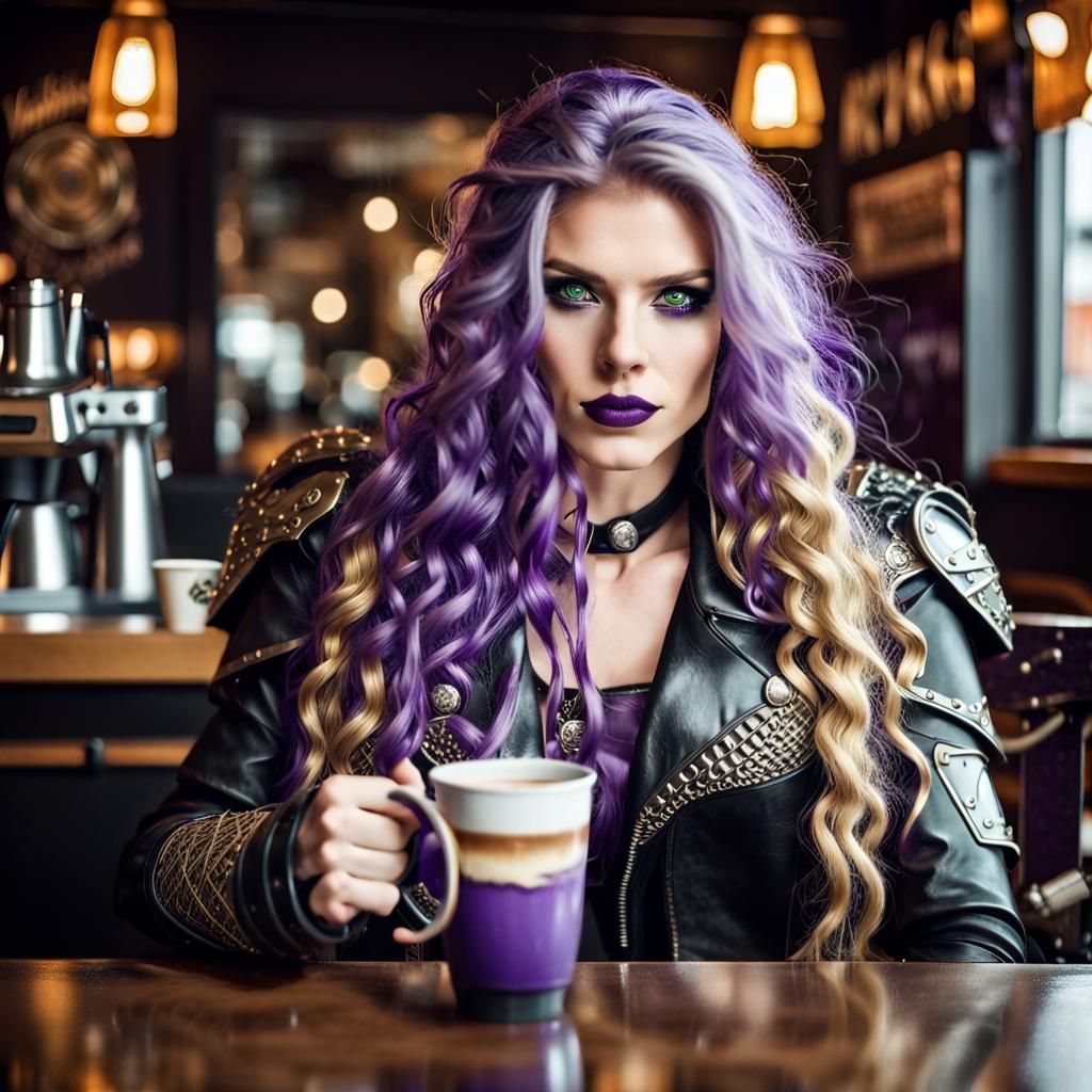 Valkyrie with Viking Features Drinking Coffee