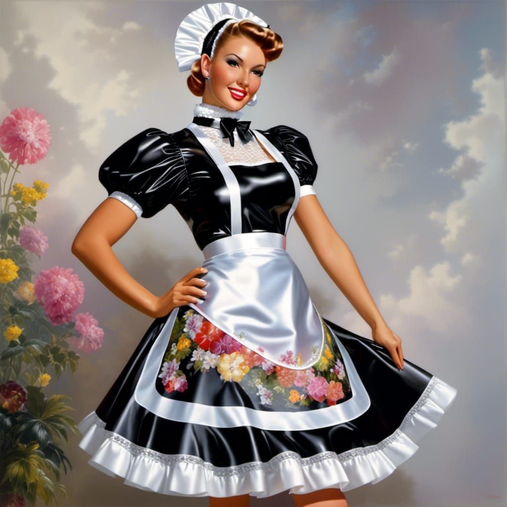 See-Through Latex French Maid Dress with Floral Prints